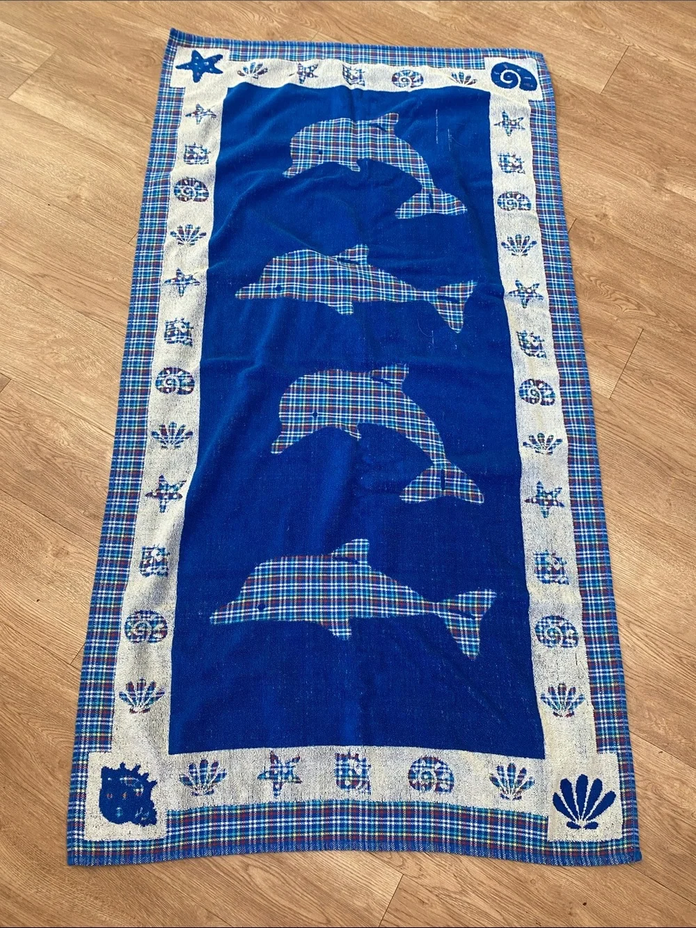 Vtg Beach Towel Dolphin Blue Plaid  Seashells Accent Nautical Cotton Beach Towel
